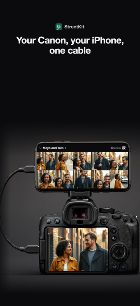 An iPhone mounted in landscape on a Canon, showing a group called Maya and Tom with 12 shots in a grid