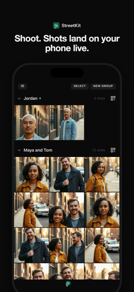 The StreetKit groups screen on the photographer's phone, one group per person
