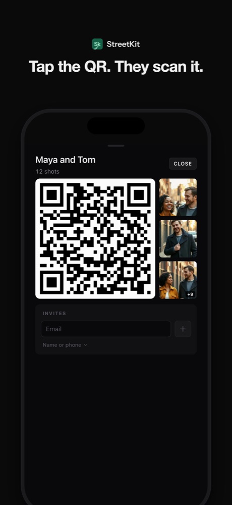 The StreetKit QR screen on the phone, the same code the watch shows