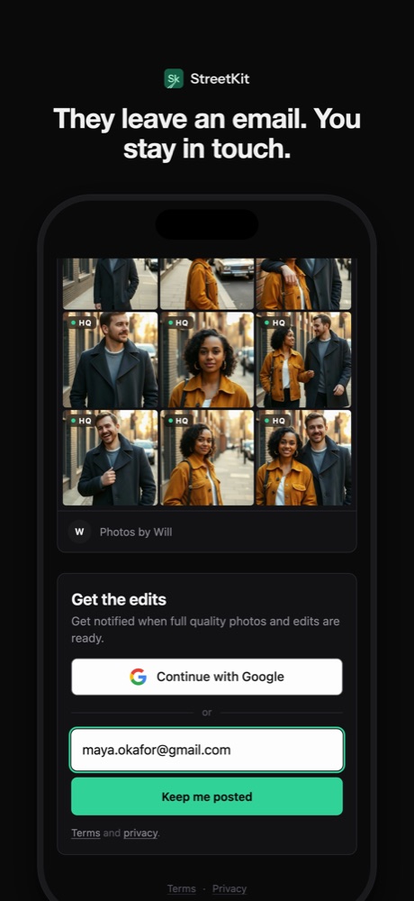The guest page with the photos and a Get the edits card asking for an email