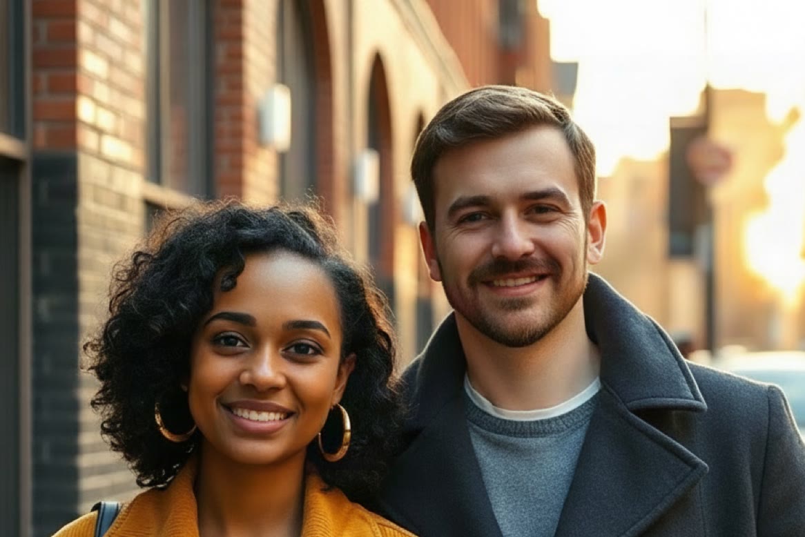 Maya and Tom standing side by side on a brick street, looking at the camera, in warm light