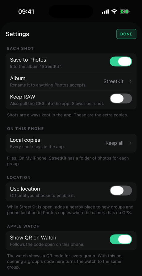 StreetKit's Settings page on the iPhone, ending with an Apple Watch group and the Show QR on Watch switch turned on