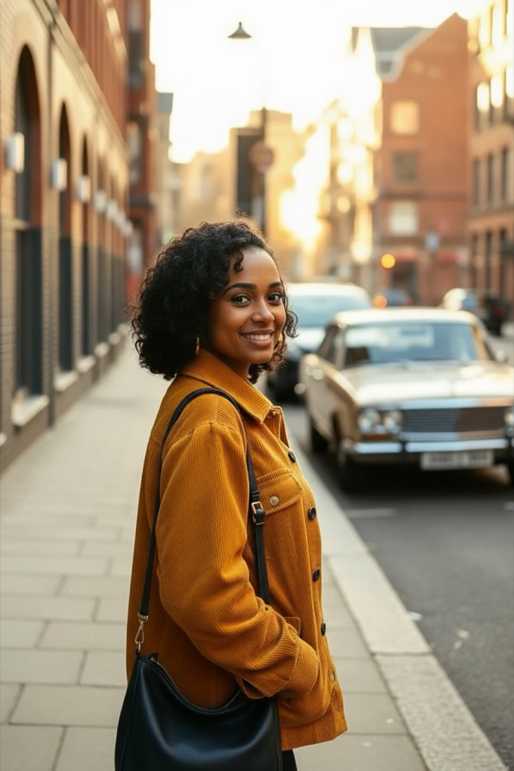 Maya glancing back over her shoulder on a sunlit pavement, a parked car behind her