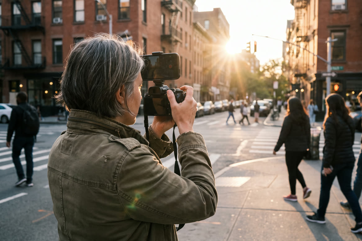 A street photographer with short grey hair raising a mirrorless camera with an iPhone mounted on top, on a city corner at golden hour, people crossing behind