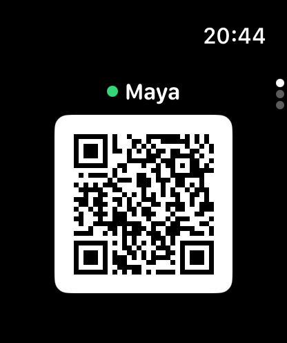 The StreetKit watch app showing a page titled Maya with a green dot and a large QR code