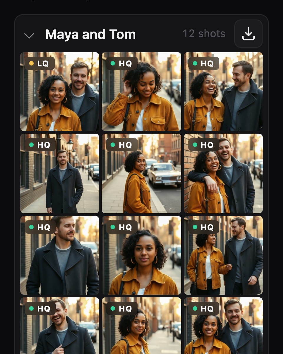 Their page after scanning: the group Maya and Tom with 12 shots and a download button in its header, over the photo grid.