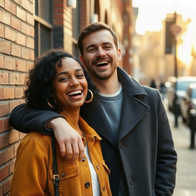 Maya and Tom laughing against a brick wall in golden afternoon light