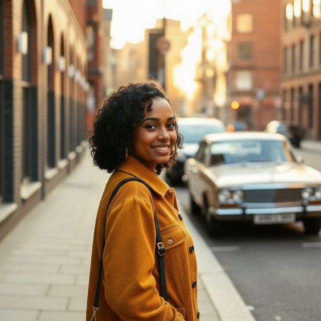 Maya smiling on the pavement beside a parked car